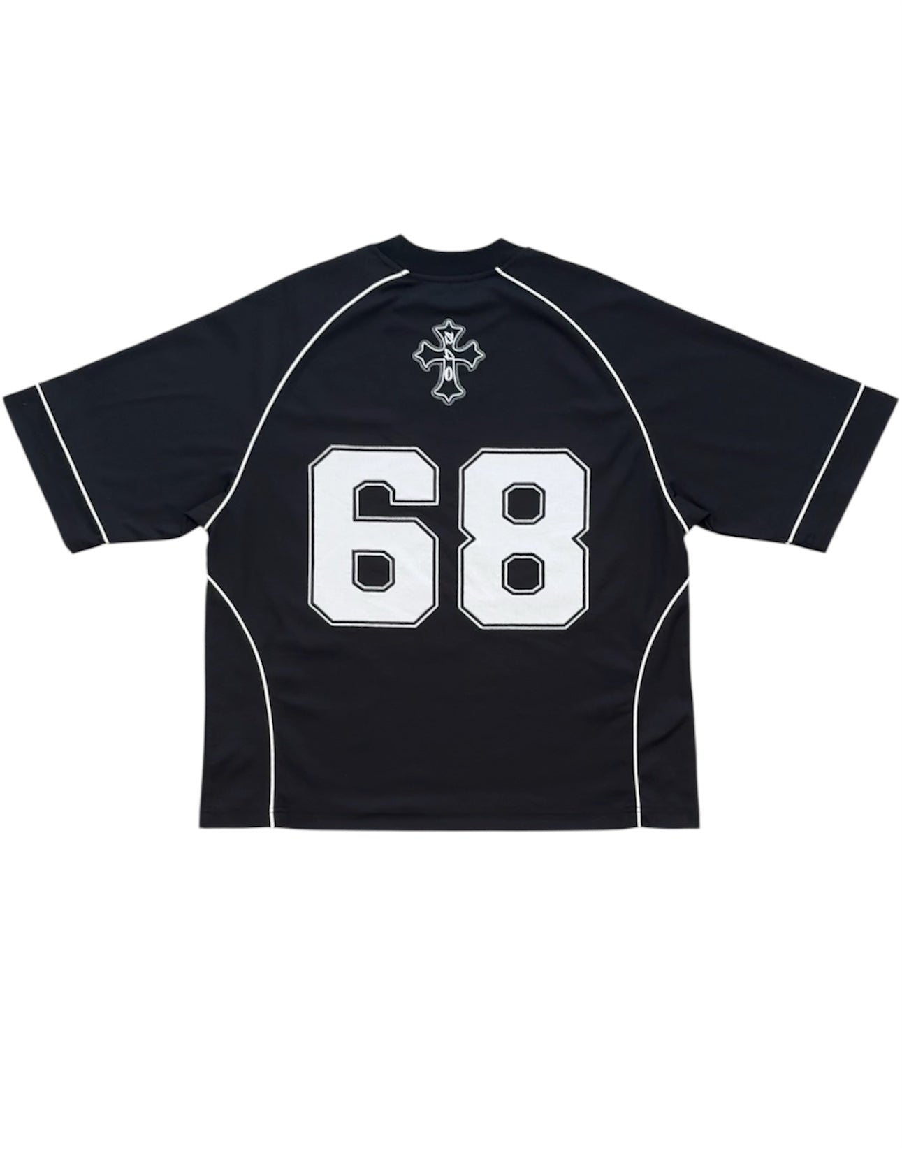 Back flat lay of the black and white Sixty Eight Jersey by Studio Sixty Eight. Bold 68 design on the clothing, clearly showcasing the streetwear style and clothing studio sixty eight offers.