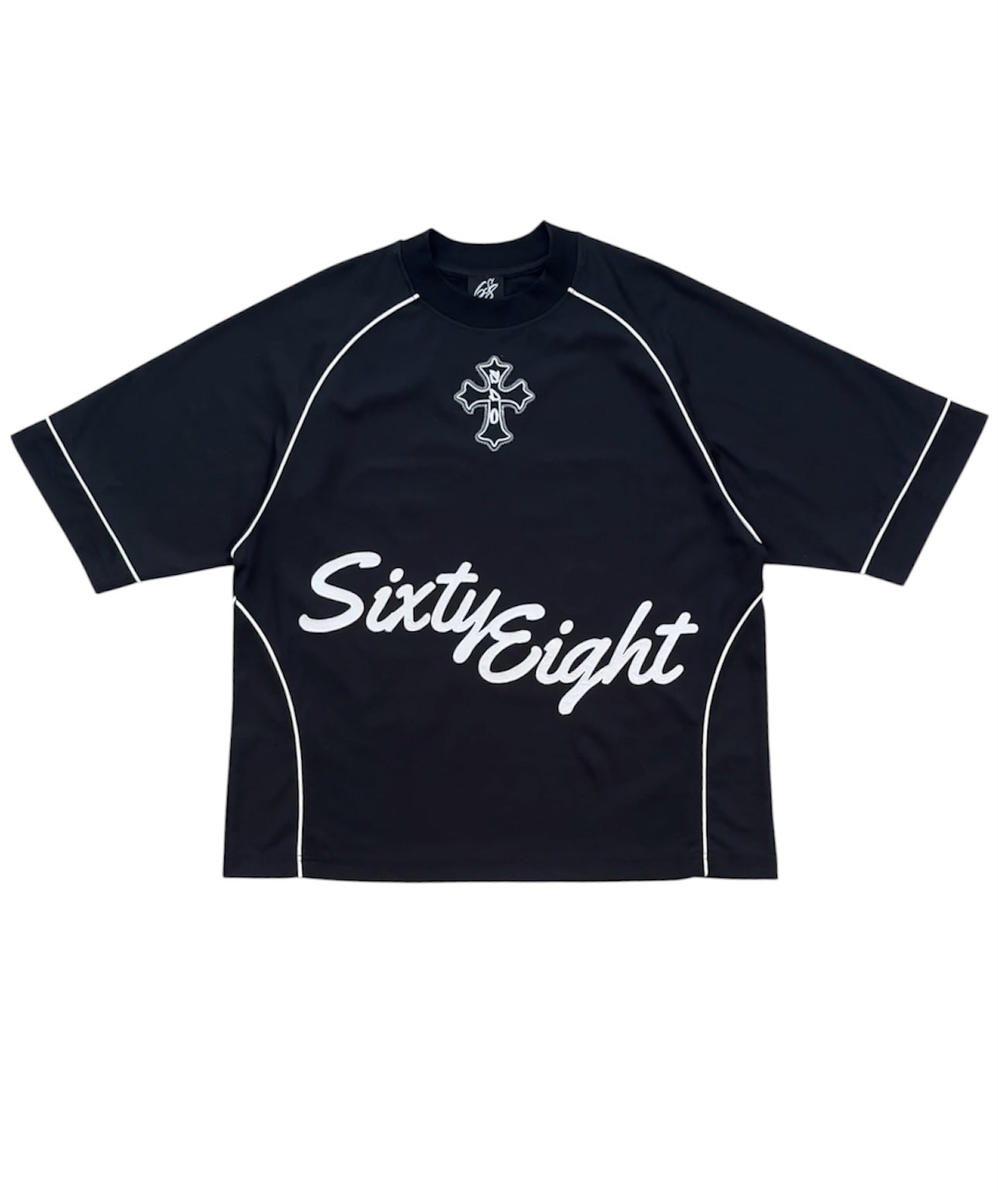 Front flat lay of the black and white sixty eight jersey by Studio Sixty Eight with sixty eight across the middle and bold white lines. Clearly showing the studio sixty eight clothing.